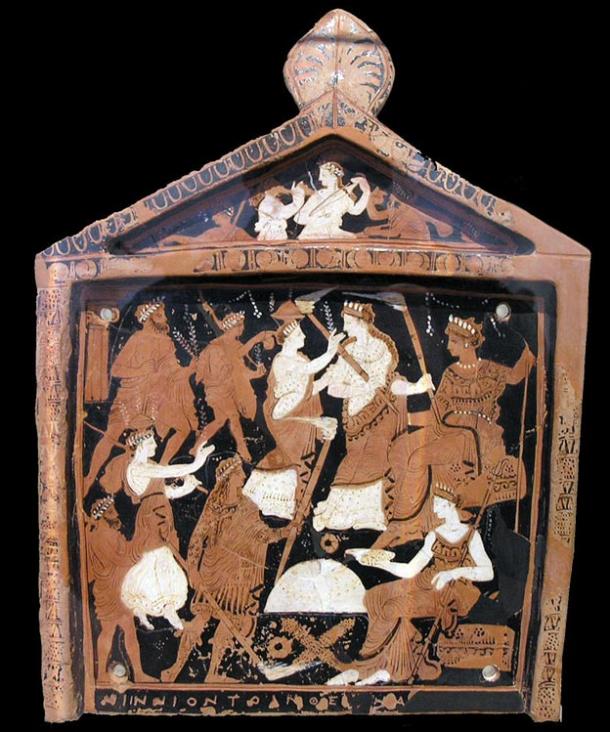 A votive plaque known as the Ninnion Tablet depicting elements of the Eleusinian Mysteries, in which it’s believed psycho-active potions were used during rituals. (mid-4th century BC).