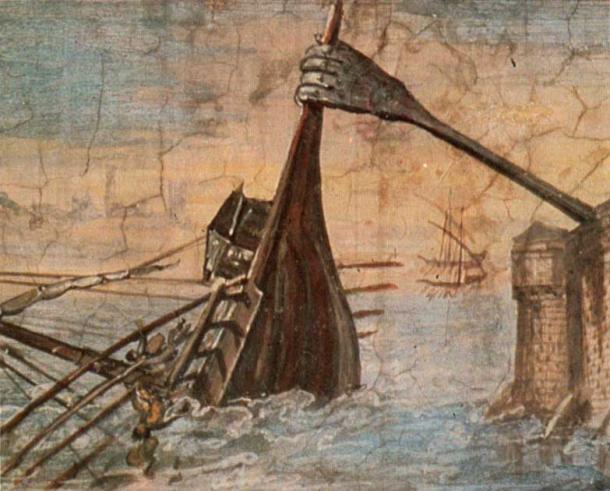 Detail of a wall painting of the Claw of Archimedes sinking a ship, taking the name 