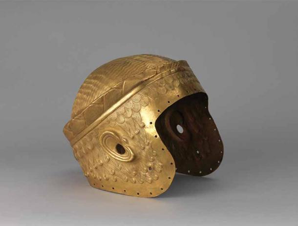 The War Helmet of Meskalamdug, the Powerful King of Kish. It was discovered in 1924 in Iraq in the Royal Cemetery at Ur. It was hammered up from a single sheet of 18 carat gold with features in relief and details engraved. (Penn Museum)