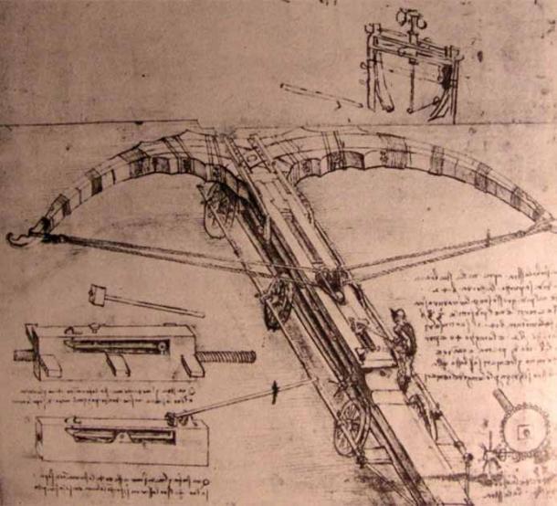 Leonardo da Vinci’s largest weapon design was a giant crossbow. Note the adult towards the rear loading the weapon (Public Domain)