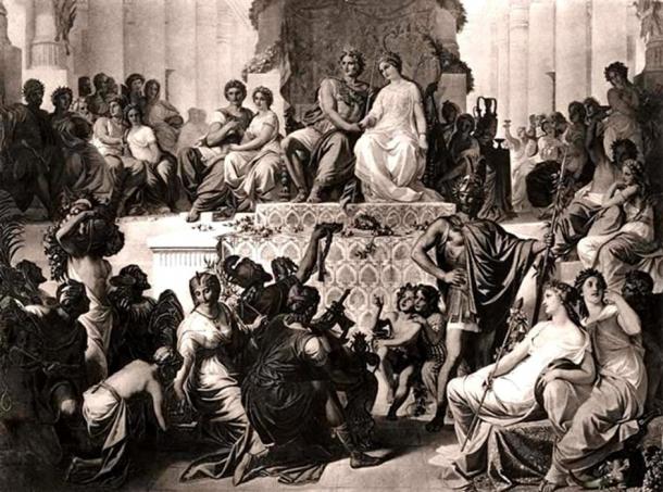 The weddings at Susa; Alexander to Stateira (right), and Hephaestion to Drypetis (left). Late 19th-century engraving.
