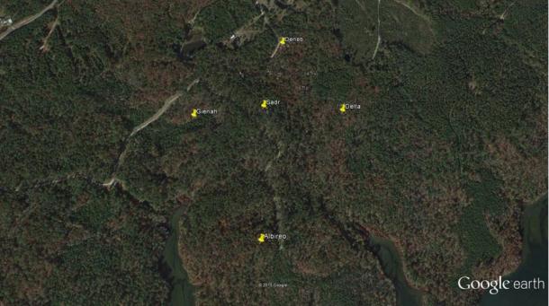 Topographical map showing GPS locations of five rock piles in western South Carolina.  A sixth pile seems to have been destroyed by the building of a woods road. The Northern Cross configuration can be seen from above.