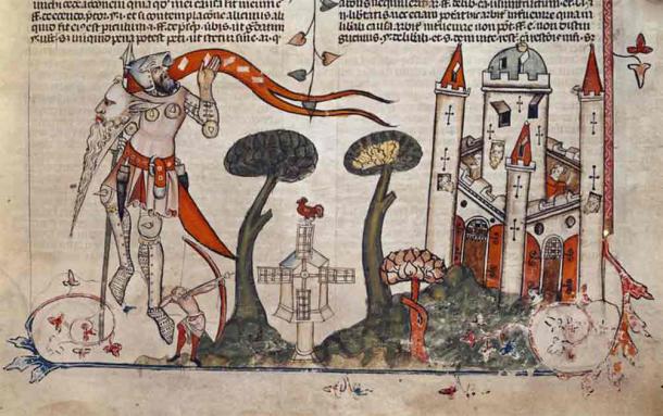 Windmill (center) in a medieval illustrated manuscript, (Courtesy of the British Library, Royal 10 E. IV, f.89/MOLA)
