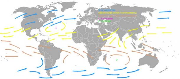 A map showing the prevailing winds on earth. The image was made based on an image in the book 