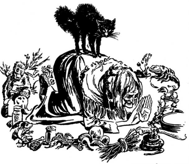 Illustration of a witch and her cat. Internal Illustration from the pulp magazine Weird Tales (September 1941, vol. 36, no. 1).