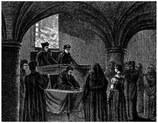 A woman before a tribunal of the Inquisition. (Erica Guilane-Nachez /Adobe Stock)