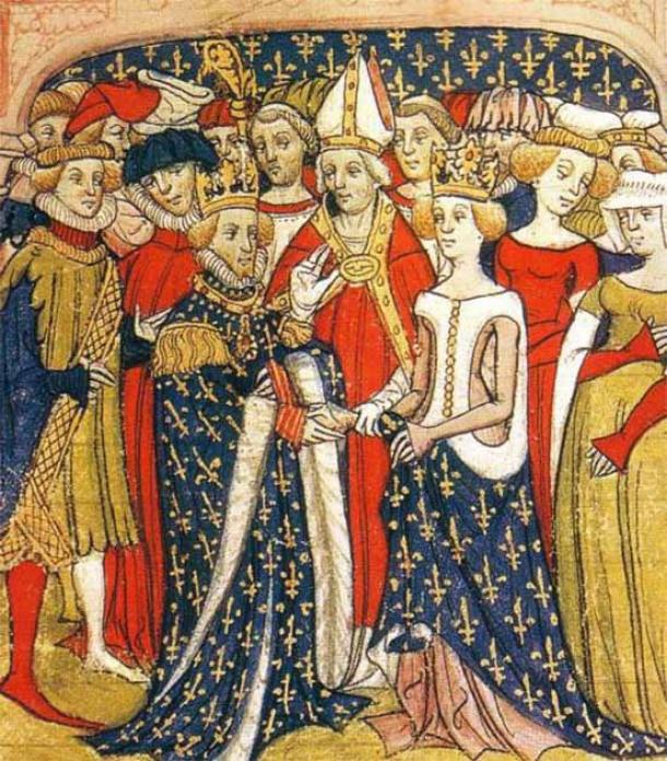 Marie de Brabant wearing a brimless cloak for her wedding to King Philip III of France, drawing c.1300 (Public Domain)