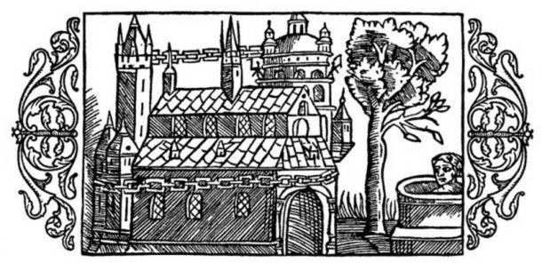 A woodcut depicting the Temple of Uppsala, as described by Adam of Bremen. (Public Domain)