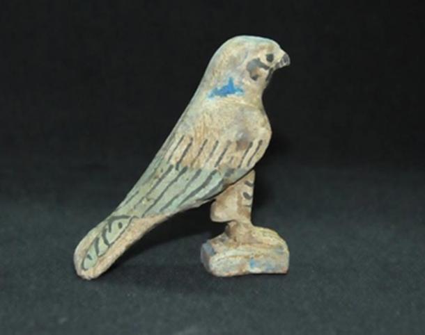 A wooden statue of Horus, the falcon-headed god and son of Osiris, considered a savior god of many people of ancient Egypt.