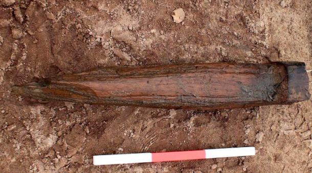 The wooden axle repurposed as a stake. (Cotswold Archaeology)