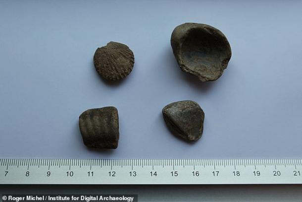 Piezas de conchas trabajadas encontradas en Althorp House en Northamptonshire, Inglaterra, fueron fechadas por carbono y se remontan a más de 40,000 años. (Roger Michel / Instituto de Arqueología Digital)