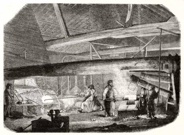 Ancient workers using machines in a warm foundry in Paris in 1848. (Mannaggia / Adobe Stock)