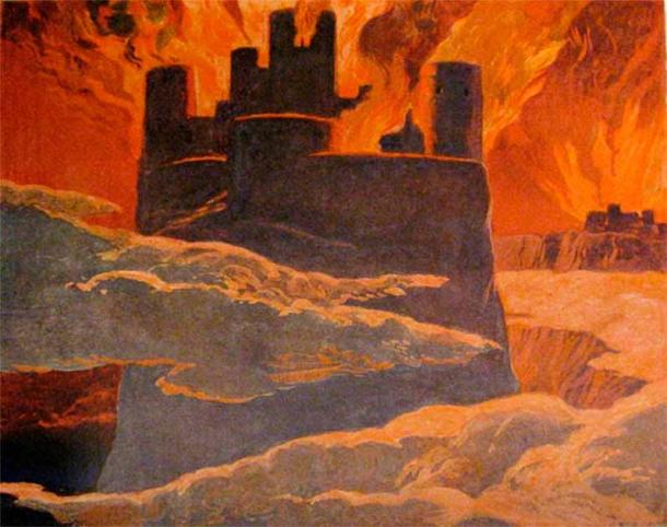 Surtr’s wrath of fire by the artist Emil Doepler interpreted it in an illustration in the book Walhall, die Götterwelt der Germanen. Martin Oldenburg. Published in Berlin, 1905. (Public Domain)