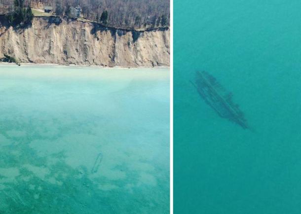 Left: A wreck in shallow water below cliffs. Right: Another unidentified wreck spotted in Lake Michigan