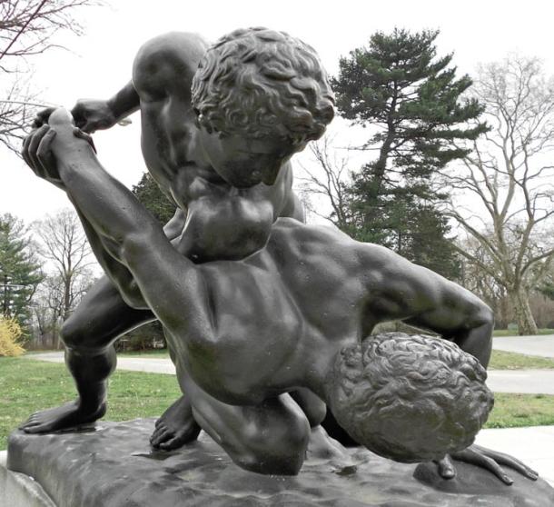 A copy cast of wrestlers from 1885, displayed at the horticultural center in Fairmount Park, Philadelphia. 