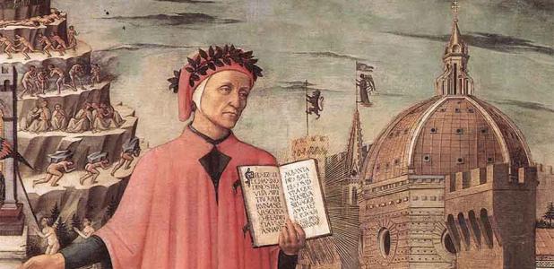 Detail of Dante, between the mountain of Purgatory and the city of Florence by Domenico di Michelino. Source: Public domain