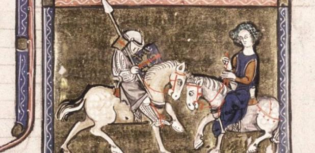 Illustration from the early 14th-century chivalric romance, the Prose Lancelot. 
