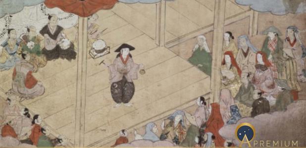 12th page of Kunijo Kabuki Ekotoba showing Izumo no Okuni, the founder of kabuki theatre, on stage. Edo Period, Keichō era (1596—1615) (Public Domain)