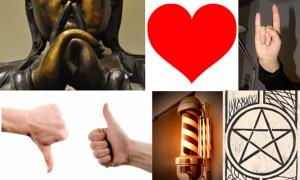 Acollection of ancient signs and symbols: Buddha’s hands forming a mudra. (CC BY SA 3.0) A heart. (Public Domain) Devil’s horns hand sign. (Ra Boe/CC BY SA 3.0) Thumbs up and down. (CC0) A barber’s pole. (Dave Barr/CC BY SA 2.0) A pentagram. (Sam Kelly/CC BY 2.0)