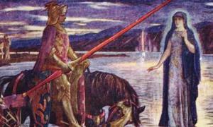 Illustration by H.J. Ford for Andrew Lang's Tales of Romance, 1919. "Arthur meets the Lady of the Lake and gets the Sword Excalibur" 