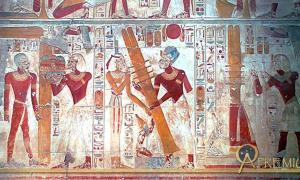 A scene on the west wall of the Osiris Hall at Abydos shows the raising of the Djed pillar.