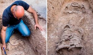 The remains of a Byzantine monk in chains being excavated in Khirbat el Masani, West Bank. Source: IAA