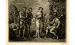 A print, entitled 'Caractacus, King of the Silures, delivered up to Ostorius, the Roman General, by Cartismandua, Queen of the Brigantes'