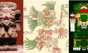 Left: Standing nearly 9 feet tall, this Coatlicue statue is one of the Aztec Empire's largest surviving sculptures. As was typical of Aztec sculptures, all sides of the statue were decorated. Right: A modern reimagining of Coatlicue. Source: Left: Luidger / CC BY SA 3.0; Center: Public Domain), Right: Public Domain