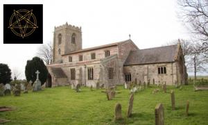 Main: The Church of St Botolph (‘the demon church’), Skidbrooke. Source: Dave Hitchborne / CC BY-SA 2.0. Inset: Burning flames on a pentagram/satanic symbol. Source: Sunshine Seeds / Adobe stock