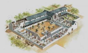 A reconstruction of what the Vine Street courtyard house might have looked like in the late 3rd century AD. It was discovered during excavations for the John Lewis car park in 2006.
