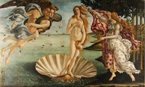 Famous painting depicts the goddess Aphrodite-Venus, having emerged from the sea as a fully grown woman, arriving at the sea-shore.