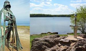 King Arthur monument in Tintagel, Cornwall.(left), Excalibur in Brocéliande Forest, Brittany, France.(right)