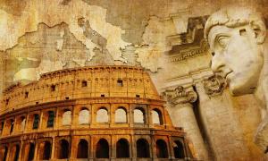 Montage of Roman Empire imagery including statue representative of Livy.	Source: Freesurf/Adobe Stock