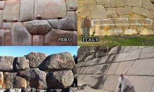 Top left: Cuzco, Peru. Top right: Western Italy. Bottom left: Alaca Hoyuk, Turkey. Bottom right: Casing stones on pyramid on Giza plateau.