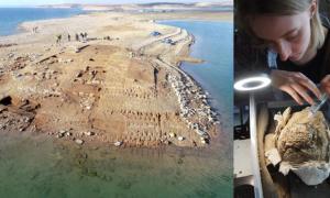 Aerial view of the excavations revealing the Mittani Empire settlement at Kemune with Bronze Age architecture partly submerged in the lake.	Source: © Universities of Freiburg and Tübingen, KAO
