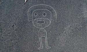 A newly found Nazca line image, a humanoid reminiscent of Homer Simpson. Source: Yamagata University