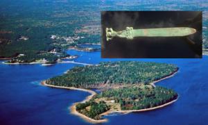 Main: Featured image: Oak Island, Nova Scotia, Inset: The Roman sword found in water just off the mysterious Oak Island, Nova Scotia.