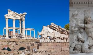 Pergamon Altar of Zeus in modern-day Turkey. Right; one of the friezes from the altar.	Source: Left; cem/Adobe Stock Right; Miguel Hermoso Cuesta/CC BY-SA 4.0