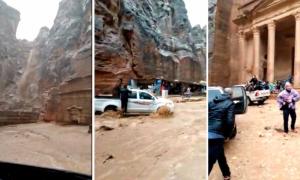 Scenes of the evacuation and flood of Petra historic site. Source: Twitter Screenshot