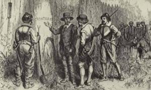 Illustration depicting Captain John White returning to Roanoke Island and discovering the word 'CROATOAN' carved into a tree at the fort palisade. 