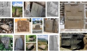 A photo composition of the nearly 14 known megalithic stone slabs from the site of San Miguel Ixtapan. 	Source: Marco M. Vigato