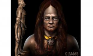 3d Digital Sculpture of Giant with hair, copper breastplate, and gorget. Image courtesy of Marcia K. Moore, Ciamar Studio.