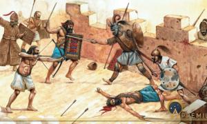 Attack of the Sea Peoples on Syrian fortification. Historical illustration. ( Lunstream / Adobe Stock)