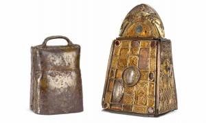 St. Patrick’s Bell (left) is a simple design. The shrine (right) later designed to cover it is quite intricate. Source: National Museum of Ireland / CC BY SA 2.0