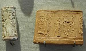 Cult scene: the worship of the sun-god, Shamash. Limestone cylinder-seal, Mesopotamia.