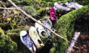A collection of shoes, presumably from those who have taken their lives, inside Aokigahara forest.