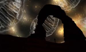 Silhouette of a person under an arch. (CC0)  Background: DNA. 