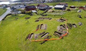 Drone image of the excavation site that could be the location of the long-lost Viking capital of Skailvoighand in the Shetland Islands off Scotland.