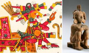 Left; Aztec god Xochipilli as described in the 16th century Codex Borgia, Right; Xochipilli, Aztec terracotta Lombards Museum. Source: Left; Public Domain Right; CC BY 3.0
