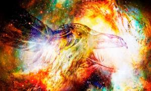 Odin and his brothers defeated Ymir in Norse mythology, and used his body to create Midgard. Odin’s symbol, a raven, seen superimposed on a cosmic background.	Source: jozefklopacka / Adobe Stock